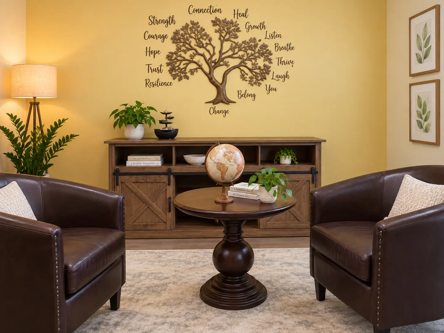 Consultation room with two armchairs and a wall tree display of encouraging words